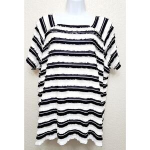 TanJay Black White Striped Ruffled Pleats Square Neck Top 1X Lightweight Soft